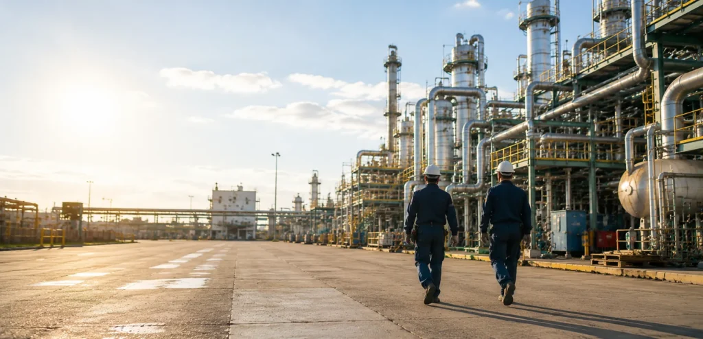 Twee vakmensen van Entrexio op een industrieterrein